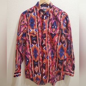 Vtg Wrangler Aztec Brushpopper Western Cowboy Cut 16 1/2 34 X Long Tails Button